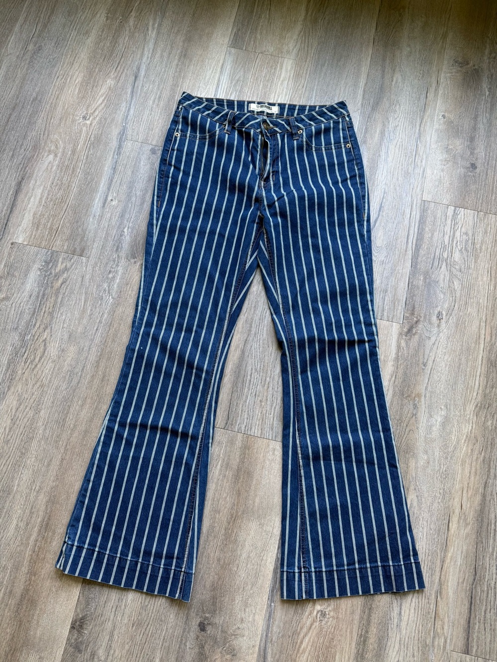 Women's Navy Vertical-Striped Flare Jeans